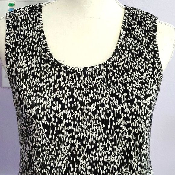 Connected Vintage Retro 90s Black White Botanical Print Ribbed Fabric Midi Dress - Picture 2 of 7